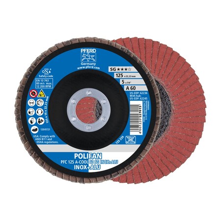 Pferd 5" x 7/8" A.H. POLIFAN Flap Disc - A-COOL SG INOX+ALU, Aluminum oxide, 60 Grit, Conical 62236